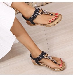 Women Flat Sandals,Summer Beach Rhinestone T-Strap Elastic Strap Shoes Bohemian Thong Flip Flop Gladiator Shoes 6 Black $13.4...