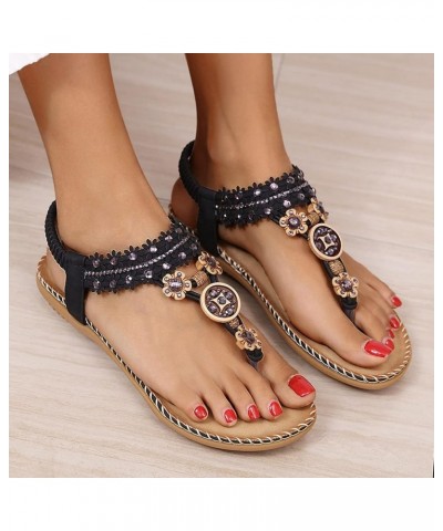 Women Flat Sandals,Summer Beach Rhinestone T-Strap Elastic Strap Shoes Bohemian Thong Flip Flop Gladiator Shoes 6 Black $13.4...