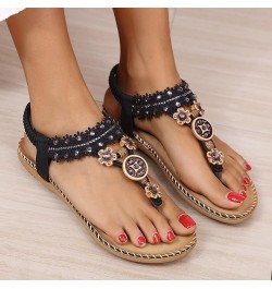 Women Flat Sandals,Summer Beach Rhinestone T-Strap Elastic Strap Shoes Bohemian Thong Flip Flop Gladiator Shoes 6 Black $13.4...