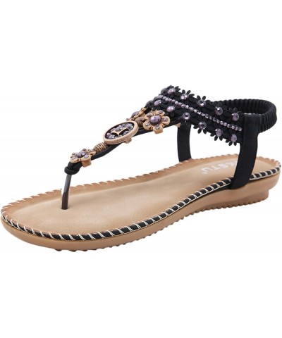 Women Flat Sandals,Summer Beach Rhinestone T-Strap Elastic Strap Shoes Bohemian Thong Flip Flop Gladiator Shoes 6 Black $13.4...