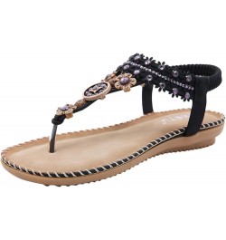 Women Flat Sandals,Summer Beach Rhinestone T-Strap Elastic Strap Shoes Bohemian Thong Flip Flop Gladiator Shoes 6 Black $13.4...