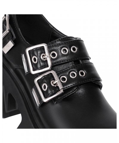 Women's British Style Round Toe Metal Belt Buckle Thick-Soled PU Leather Shoes Trendy Street Punk Black Platform Shoes Matt $...