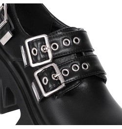 Women's British Style Round Toe Metal Belt Buckle Thick-Soled PU Leather Shoes Trendy Street Punk Black Platform Shoes Matt $...