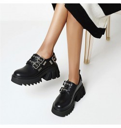 Women's British Style Round Toe Metal Belt Buckle Thick-Soled PU Leather Shoes Trendy Street Punk Black Platform Shoes Matt $...