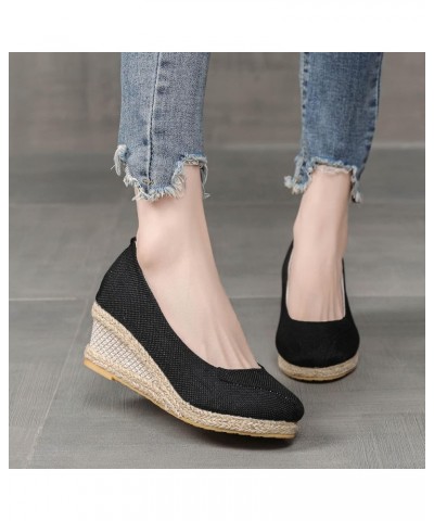 Fashion Women Summer Weave Wedges Breathable Slip On Round Toe Sandals Comfortable Embellished Sandals for Women Size 11 Blac...