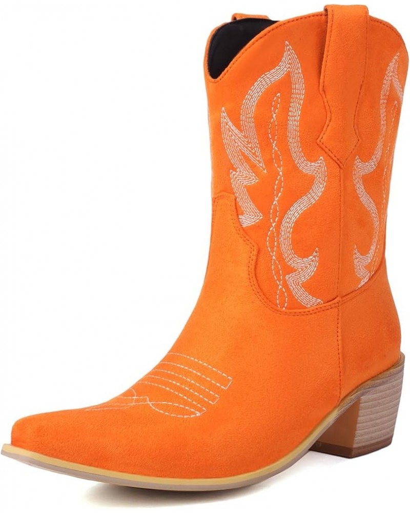 Women Square Toe Western Boots Block Heel Western Boots Fashion Embroideries Western Boots Slip-On Orange $27.35 Boots