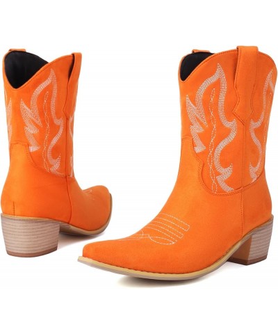 Women Square Toe Western Boots Block Heel Western Boots Fashion Embroideries Western Boots Slip-On Orange $27.35 Boots