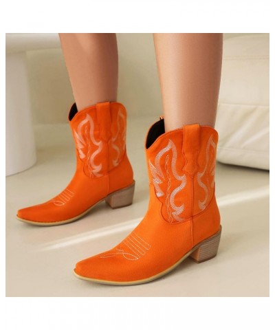 Women Square Toe Western Boots Block Heel Western Boots Fashion Embroideries Western Boots Slip-On Orange $27.35 Boots