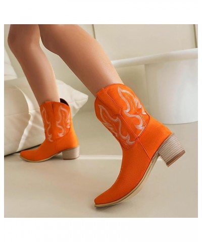 Women Square Toe Western Boots Block Heel Western Boots Fashion Embroideries Western Boots Slip-On Orange $27.35 Boots