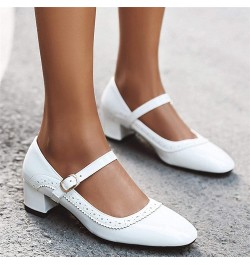 Womens Patent Leather Adjustable Buckle Chunky Block Heel Pumps Office Uniform Mary Jane Mid Heels Ladies Square Toe Shoes Bl...