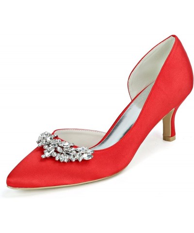 Women's Pointed Toe High Heel Dress Pump Kitten Heel Satin Rhinestones Evening Party Wedding Shoes Red $42.29 Pumps