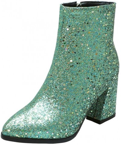 Womens Glitter Block High Heel Booties Pointy Toe Ankle Boots Green $26.49 Boots