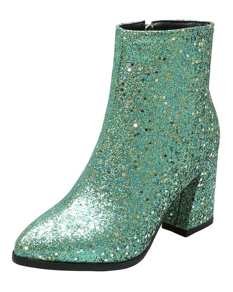 Womens Glitter Block High Heel Booties Pointy Toe Ankle Boots Green $26.49 Boots