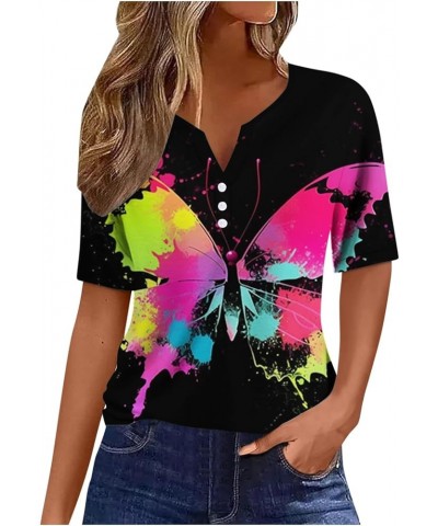 Women Splash Butterfly V Neck Button Down Shirt Short Sleeve Sweatshirt Top Womens Short Sleeve Raglan Tee Black $12.91 Sandals