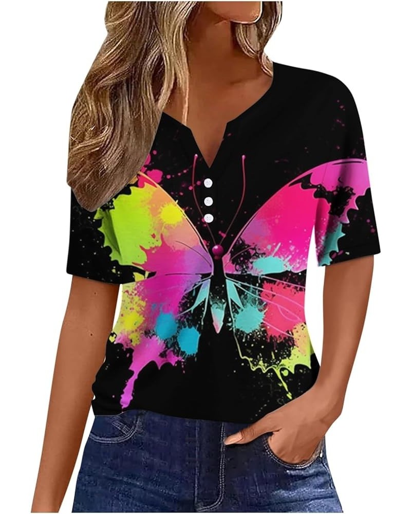 Women Splash Butterfly V Neck Button Down Shirt Short Sleeve Sweatshirt Top Womens Short Sleeve Raglan Tee Black $12.91 Sandals