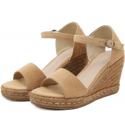 Fashion Women Summer Flock Weave Wedges Breathable Buckle Strap Toe Sandals Comfortable Beach Shoes Dressy Sandals Women Comf...