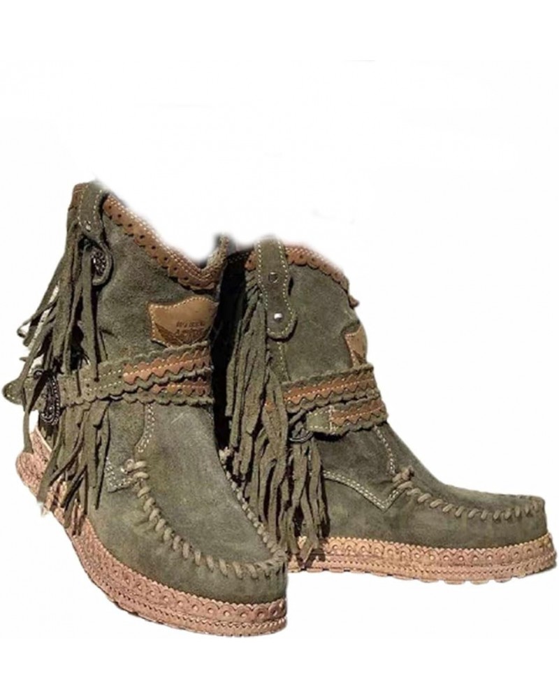 Women's Flat Tassel Ankle Boots,Vintage Western Fringe Short Booties,Keep Warm Winter Sliding Arch Support Flat Heel Chelsea ...