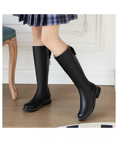 Fashion Women's Shoes British Leather Solid Color Side Zipper Bow Pearl Pendant Knee High Womens Boots Heel Knee Black $23.12...