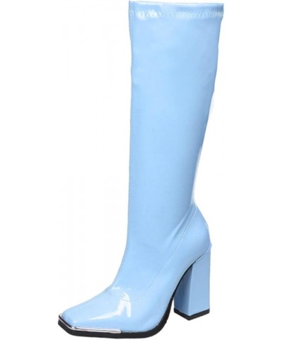 Ladies Square Toe Solid Color Bright Leather Candy Color Square High Heel Retro Over Knee Boots Wide Calf for Women 1-blue $3...