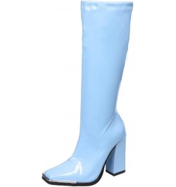 Ladies Square Toe Solid Color Bright Leather Candy Color Square High Heel Retro Over Knee Boots Wide Calf for Women 1-blue $3...