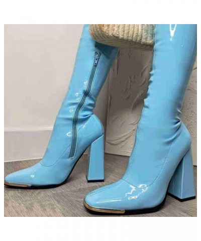 Ladies Square Toe Solid Color Bright Leather Candy Color Square High Heel Retro Over Knee Boots Wide Calf for Women 1-blue $3...