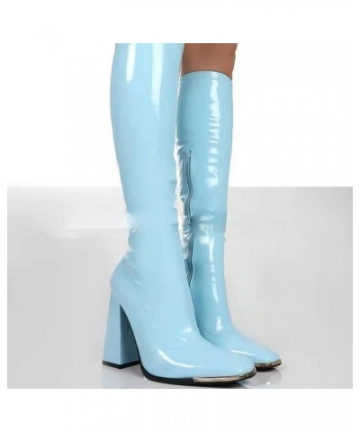 Ladies Square Toe Solid Color Bright Leather Candy Color Square High Heel Retro Over Knee Boots Wide Calf for Women 1-blue $3...