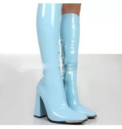 Ladies Square Toe Solid Color Bright Leather Candy Color Square High Heel Retro Over Knee Boots Wide Calf for Women 1-blue $3...