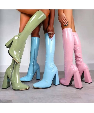 Ladies Square Toe Solid Color Bright Leather Candy Color Square High Heel Retro Over Knee Boots Wide Calf for Women 1-blue $3...