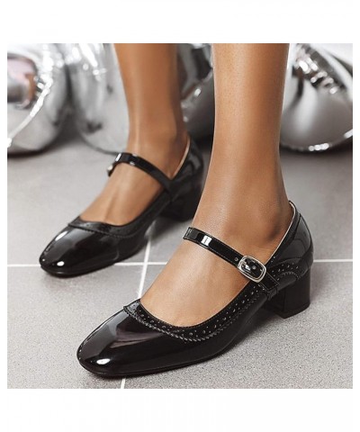 Womens Patent Leather Adjustable Buckle Chunky Block Heel Pumps Office Uniform Mary Jane Mid Heels Ladies Square Toe Shoes Bl...