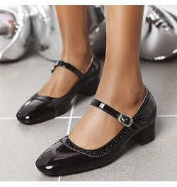 Womens Patent Leather Adjustable Buckle Chunky Block Heel Pumps Office Uniform Mary Jane Mid Heels Ladies Square Toe Shoes Bl...