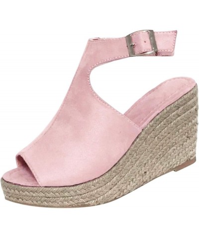 Women's Solid Wedges Casual Buckle Strap Roman Shoes Sandals Pink $17.49 Sandals