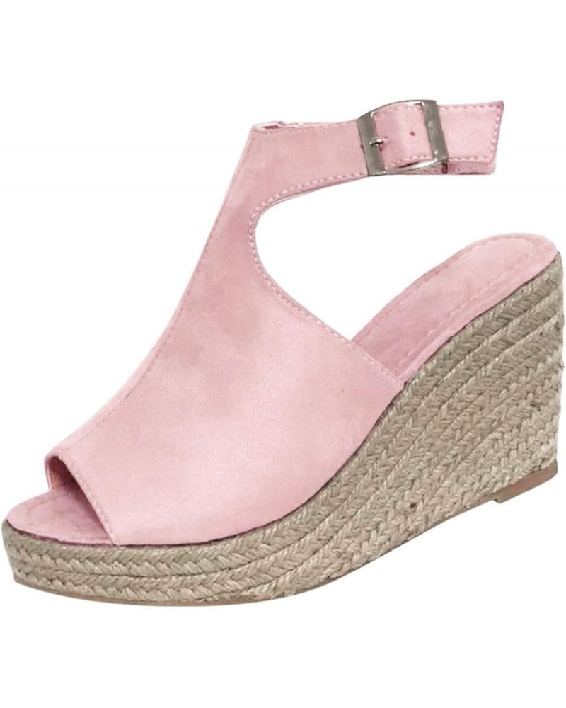 Women's Solid Wedges Casual Buckle Strap Roman Shoes Sandals Pink $17.49 Sandals