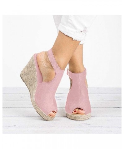 Women's Solid Wedges Casual Buckle Strap Roman Shoes Sandals Pink $17.49 Sandals