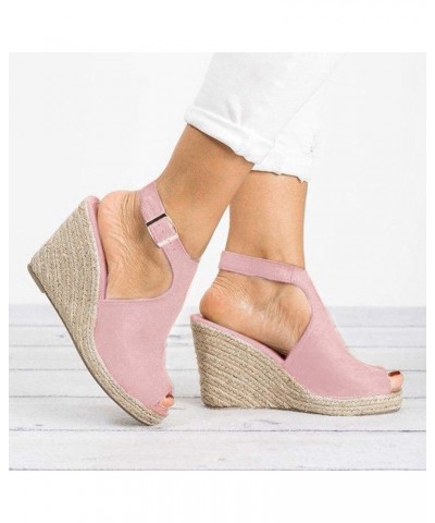 Women's Solid Wedges Casual Buckle Strap Roman Shoes Sandals Pink $17.49 Sandals