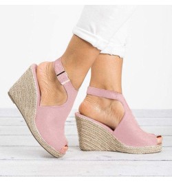 Women's Solid Wedges Casual Buckle Strap Roman Shoes Sandals Pink $17.49 Sandals