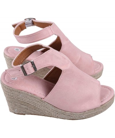 Women's Solid Wedges Casual Buckle Strap Roman Shoes Sandals Pink $17.49 Sandals