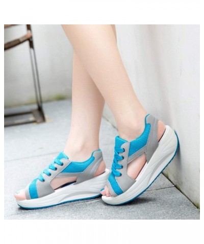 Women's Comfort Peep Toe Walking Wedges Sandals Platform Heeled Shoes Blue $10.72 Outdoor Shoes