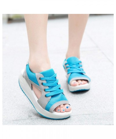 Women's Comfort Peep Toe Walking Wedges Sandals Platform Heeled Shoes Blue $10.72 Outdoor Shoes