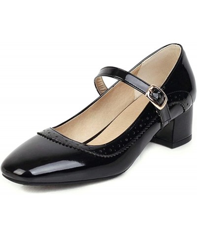 Womens Patent Leather Adjustable Buckle Chunky Block Heel Pumps Office Uniform Mary Jane Mid Heels Ladies Square Toe Shoes Bl...