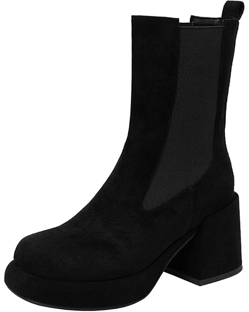 Women's Faux Suede Chelsea Ankle Boots Platform Stretch Block Mid Heel Booties Black $32.84 Boots