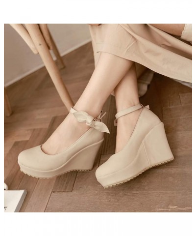 Women Platform Wedge Shoes Ankle Strap Round Toe Wedding Bridal Dress Comfort Thick Bottom High Heel Shoes Beige 34 $32.63 Pumps