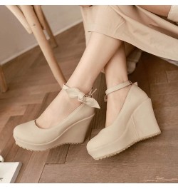 Women Platform Wedge Shoes Ankle Strap Round Toe Wedding Bridal Dress Comfort Thick Bottom High Heel Shoes Beige 34 $32.63 Pumps