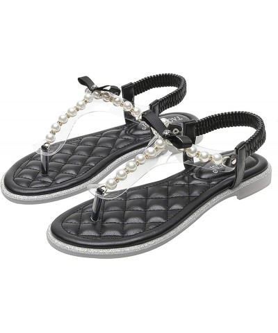 LONG-M Pearl Sandals Thin Flat Women Flip Flops Casual Beach Flat Slippers 41 Black $25.48 Sandals