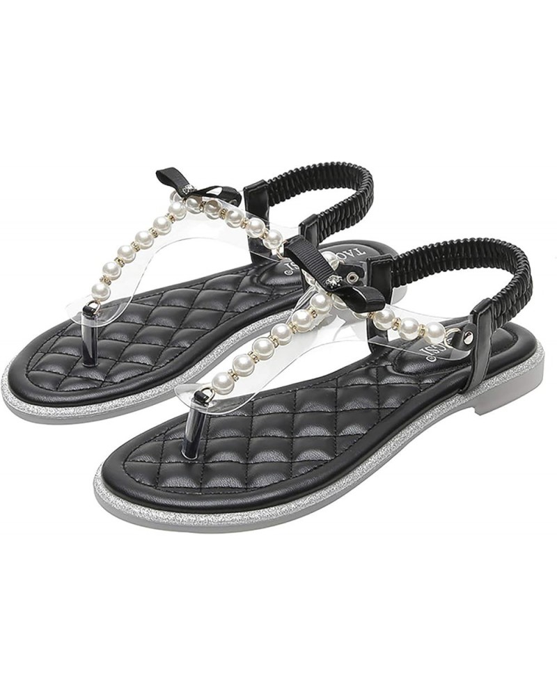 LONG-M Pearl Sandals Thin Flat Women Flip Flops Casual Beach Flat Slippers 41 Black $25.48 Sandals