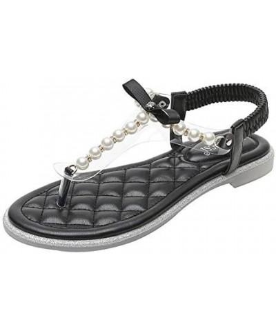 LONG-M Pearl Sandals Thin Flat Women Flip Flops Casual Beach Flat Slippers 41 Black $25.48 Sandals