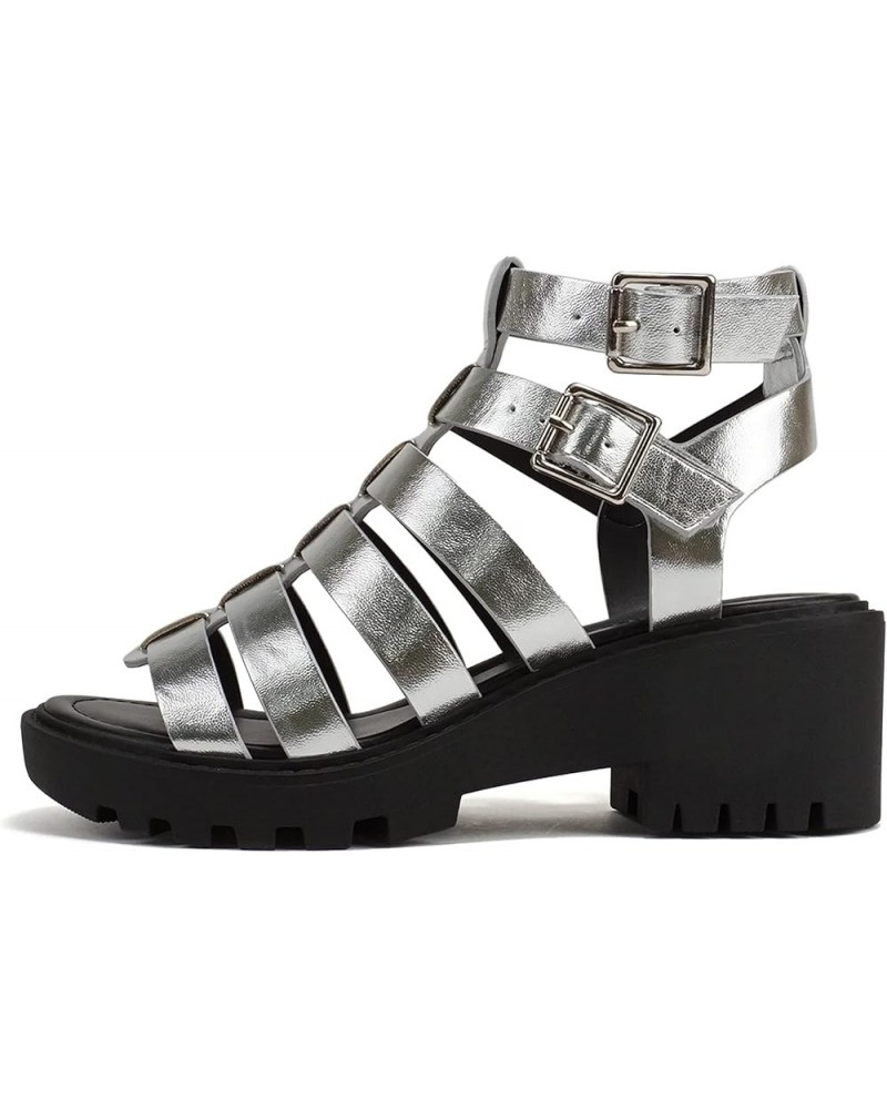 Rebirth" ~ Women Open Toe Fisherman Multi Strap Velcro Buckle Lug Sole Low Block Heeled Sandals Silver Metallic Pu $12.75 San...