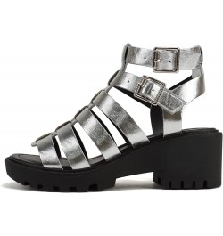 Rebirth" ~ Women Open Toe Fisherman Multi Strap Velcro Buckle Lug Sole Low Block Heeled Sandals Silver Metallic Pu $12.75 San...