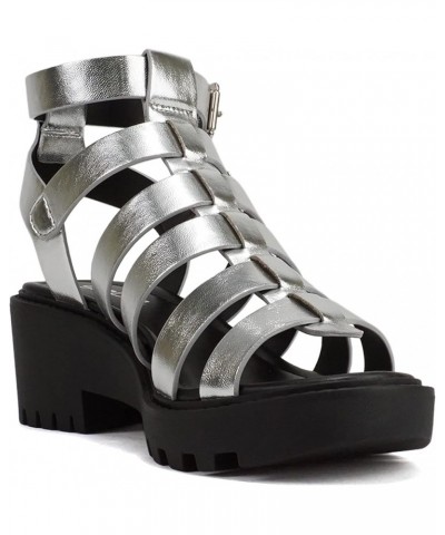 Rebirth" ~ Women Open Toe Fisherman Multi Strap Velcro Buckle Lug Sole Low Block Heeled Sandals Silver Metallic Pu $12.75 San...