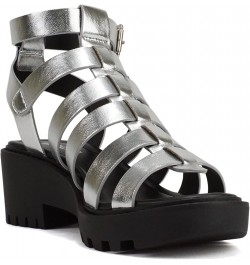 Rebirth" ~ Women Open Toe Fisherman Multi Strap Velcro Buckle Lug Sole Low Block Heeled Sandals Silver Metallic Pu $12.75 San...