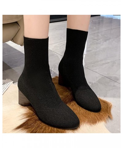 Fashion Women Fabric Cloth Solid Autumn Thick Sole Square Heels Slip On Mid Booties Round Half Boots Women Leather Black $13....